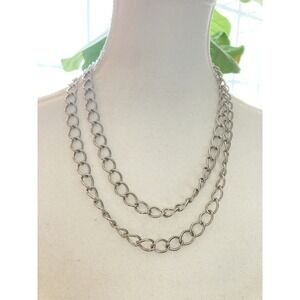 Silver Tone Layered Chain Necklace Double Strand Oval Link Minimalist Chunky